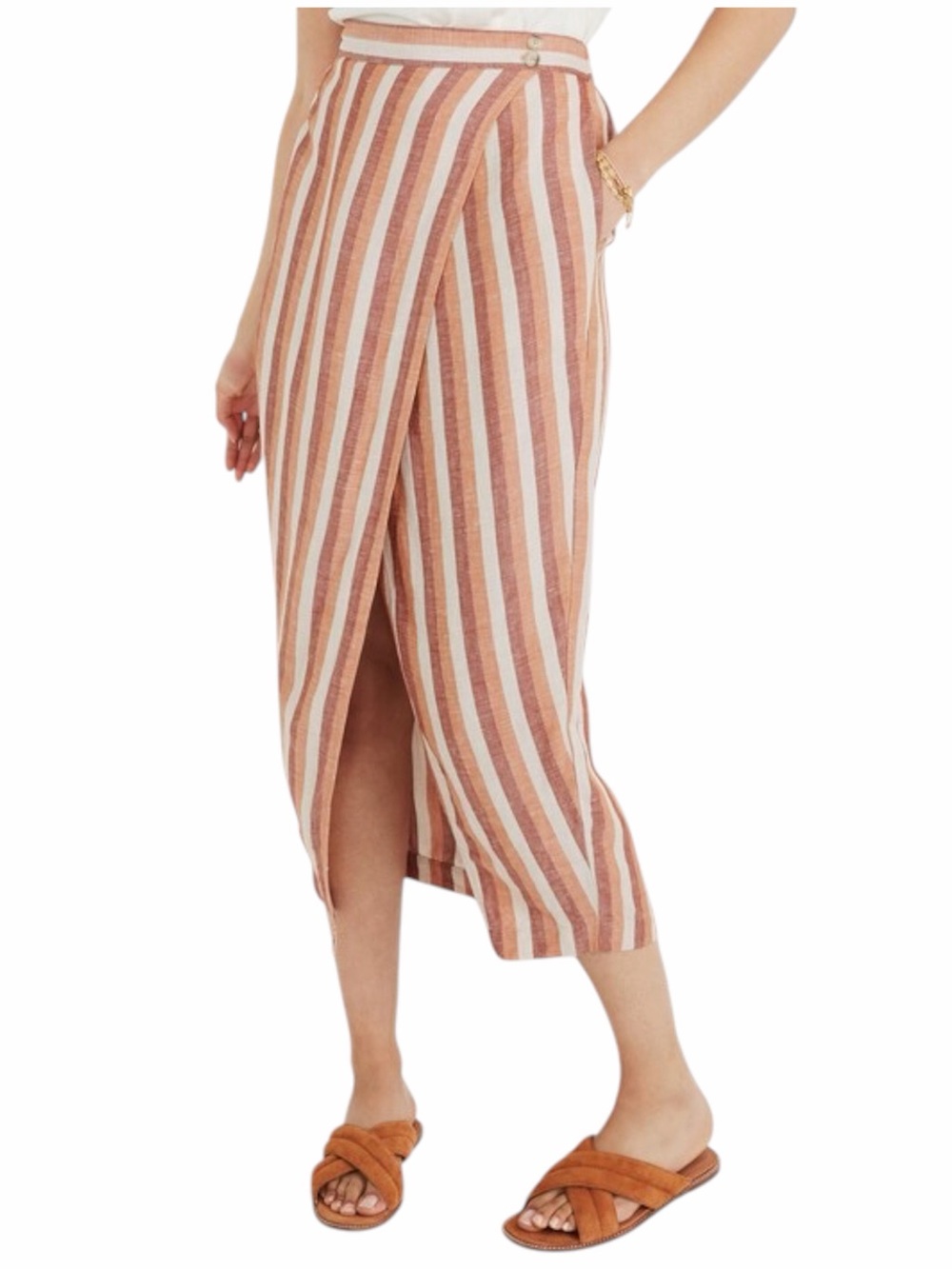 Madewell Linen Pull-On Asymmetric Slit Rust Striped Wrap Midi Skirt Size Small
